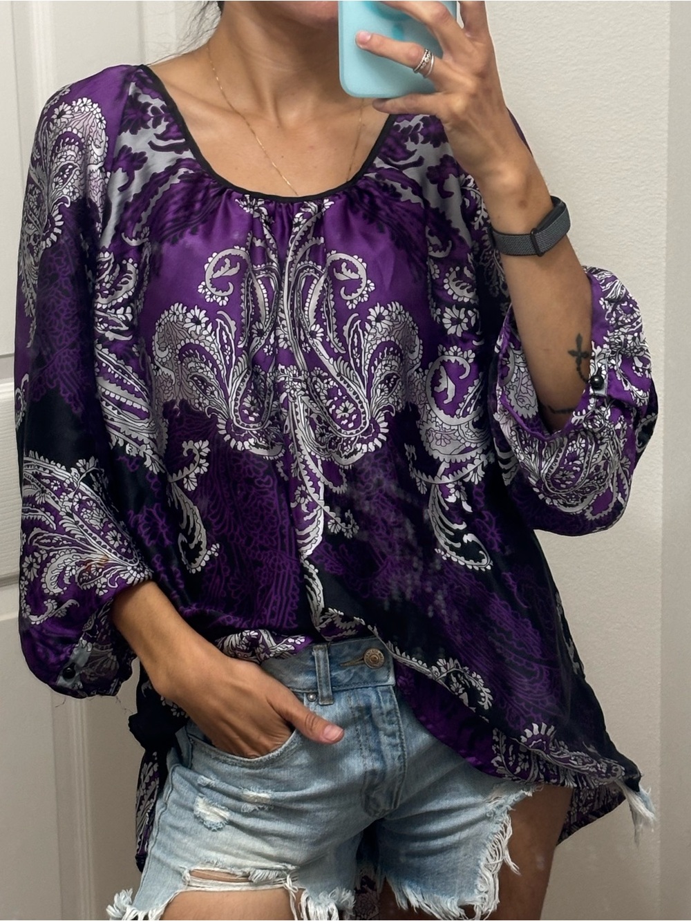 Purple Paisley Satin Blouse | Boho Tunic Top | Flowy Long Sleeve XL Plus